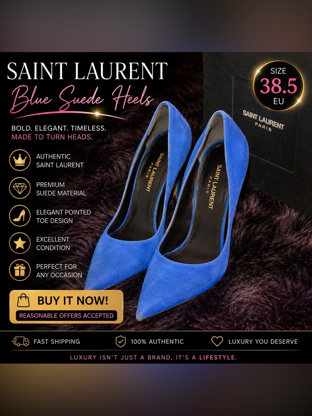 Saint Laurent YSL Blue Suede Pointed Toe Pumps Heels 38.5